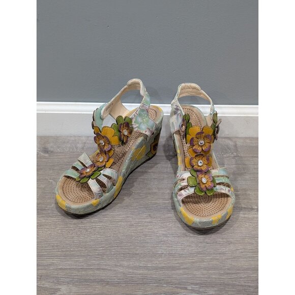 Laura Vita Jacsmino Fleur Wedge Sandals Multicolor Floral Boho Sparkle Sz 41 - Picture 1 of 16